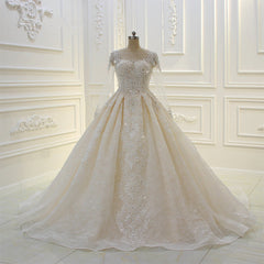 Lange baljurk Beading Bateau Appliques Lace trouwjurk met mouwen