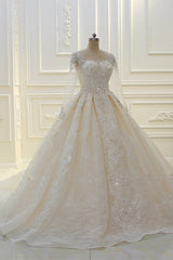 Lange baljurk Beading Bateau Appliques Lace trouwjurk met mouwen