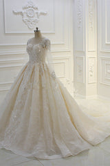 Lange baljurk Beading Bateau Appliques Lace trouwjurk met mouwen