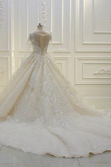 Lange baljurk Beading Bateau Appliques Lace trouwjurk met mouwen