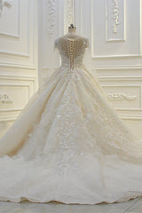 Lange baljurk Beading Bateau Appliques Lace trouwjurk met mouwen