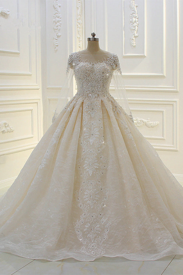 Lange baljurk Beading Bateau Appliques Lace trouwjurk met mouwen