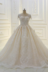 Lange baljurk Beading Bateau Appliques Lace trouwjurk met mouwen
