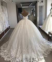Lange baljurken off-the-shoulder kanten tule trouwjurken