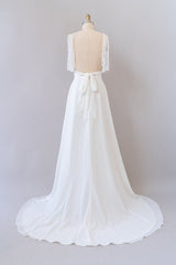 Lang Empire A-Line V-hals kanten Chiffon Open Back Wedding Jurk