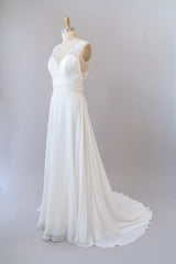 Lang Empire A-Line V-hals kanten Chiffon Open Back Wedding Jurk