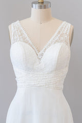 Lang Empire A-Line V-hals kanten Chiffon Open Back Wedding Jurk
