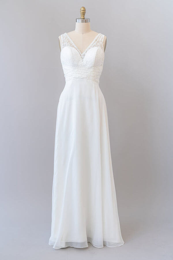 Lang Empire A-Line V-hals kanten Chiffon Open Back Wedding Jurk