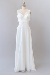 Lang Empire A-Line V-hals kanten Chiffon Open Back Wedding Jurk