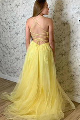 Long Evening Dress with Yellow Lace Appliques