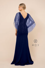 Long Fitted V-Neck Formal Dress with Beaded Cape Prom Sale