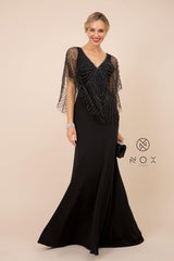 Long Fitted V-Neck Formal Dress with Beaded Cape Prom Sale