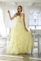 Long Halter V Neck Ruffled Prom Dress Evening Gown