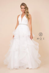 Long Halter V Neck Ruffled Prom Dress Evening Gown