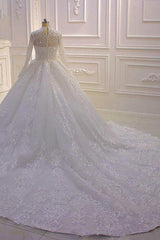 Long High Neck Appliques Lace Ball Jurk trouwjurk met mouwen
