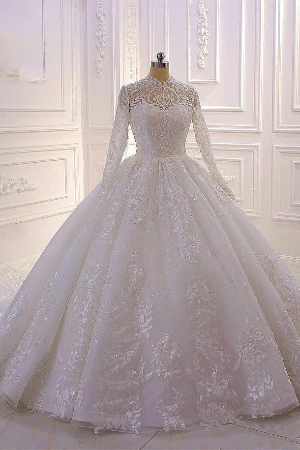 Long High Neck Appliques Lace Ball Jurk trouwjurk met mouwen