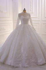 Long High Neck Appliques Lace Ball Jurk trouwjurk met mouwen