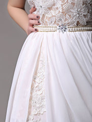 Long Ivory Halter Backless Evening Dress Lace Applique Beading Chiffon Split Party Dress