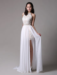 Long Ivory Halter Backless Evening Dress Lace Applique Beading Chiffon Split Party Dress