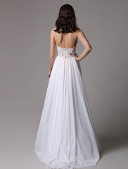 Long Ivory Halter Backless Evening Dress Lace Applique Beading Chiffon Split Party Dress