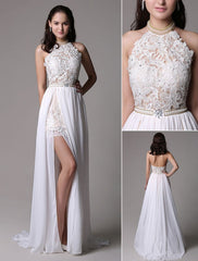 Long Ivory Halter Backless Evening Dress Lace Applique Beading Chiffon Split Party Dress