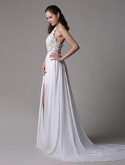 Long Ivory Halter Backless Evening Dress Lace Applique Beading Chiffon Split Party Dress