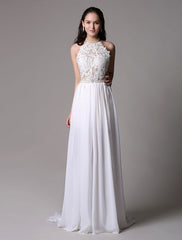 Long Ivory Halter Backless Evening Dress Lace Applique Beading Chiffon Split Party Dress
