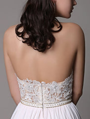 Long Ivory Halter Backless Evening Dress Lace Applique Beading Chiffon Split Party Dress