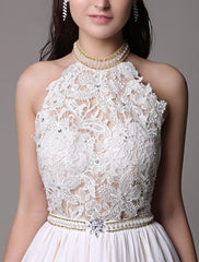 Long Ivory Halter Backless Evening Dress Lace Applique Beading Chiffon Split Party Dress