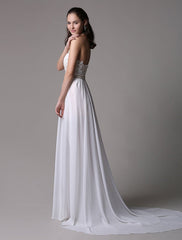Long Ivory Halter Backless Evening Dress Lace Applique Beading Chiffon Split Party Dress