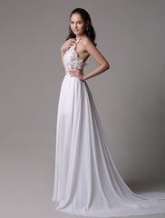 Long Ivory Halter Backless Evening Dress Lace Applique Beading Chiffon Split Party Dress