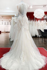 Lange zeemeermin kant lieverd open rug trouwjurk met appliques kant