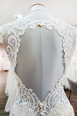 Lange zeemeermin kant lieverd open rug trouwjurk met appliques kant