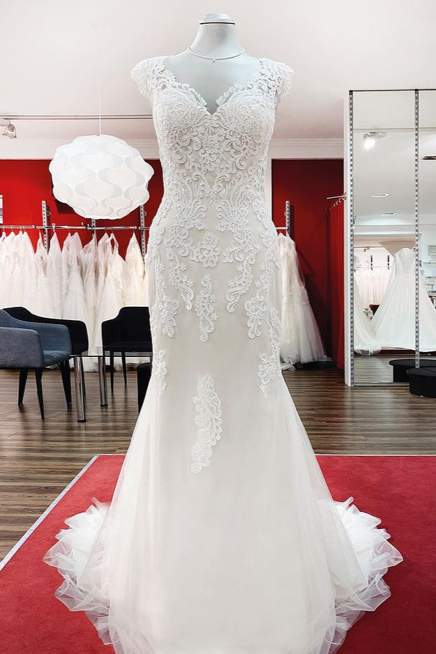 Lange zeemeermin kant lieverd open rug trouwjurk met appliques kant