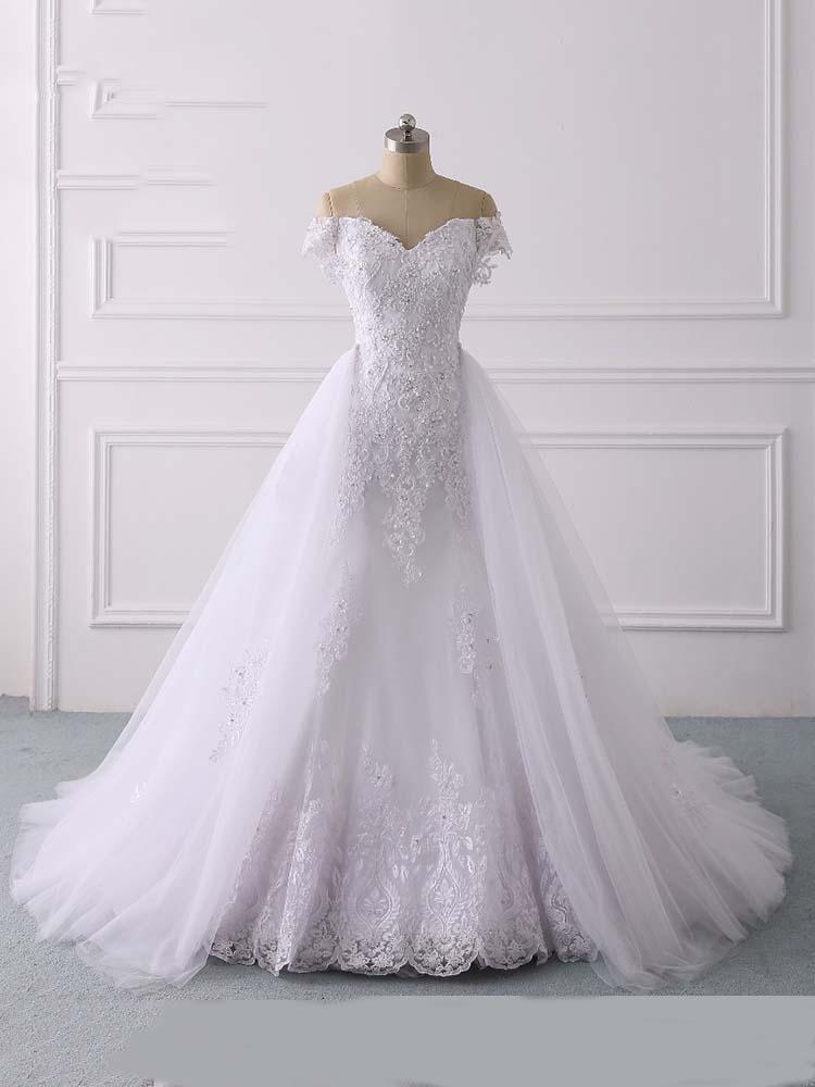 Lange zeemeermin off-the-shoulder kanten tule witte trouwjurken