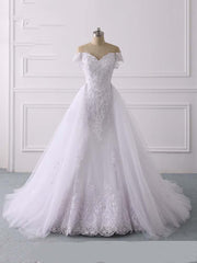 Lange zeemeermin off-the-shoulder kanten tule witte trouwjurken