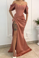 Off-the-Shoulder Corset Satin Mermaid Prom Dress Long With Split