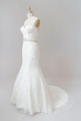 Lange zeemeermin strapless tule kant trouwjurk