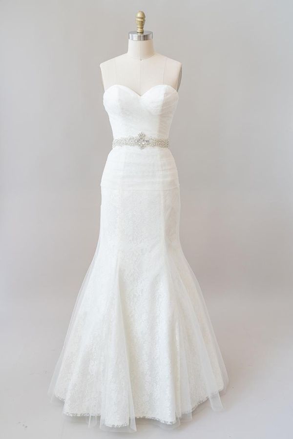 Lange zeemeermin strapless tule kant trouwjurk
