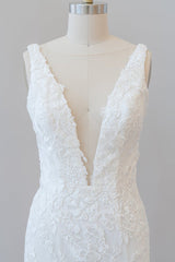 Lange zeemeermin v-neck appliques tule kanten trouwjurk