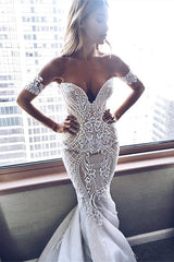Long Mermaid V-Neck Wedding Dress With Off-the-Shoulder Lace Appliques