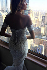 Long Mermaid V-Neck Wedding Dress With Off-the-Shoulder Lace Appliques