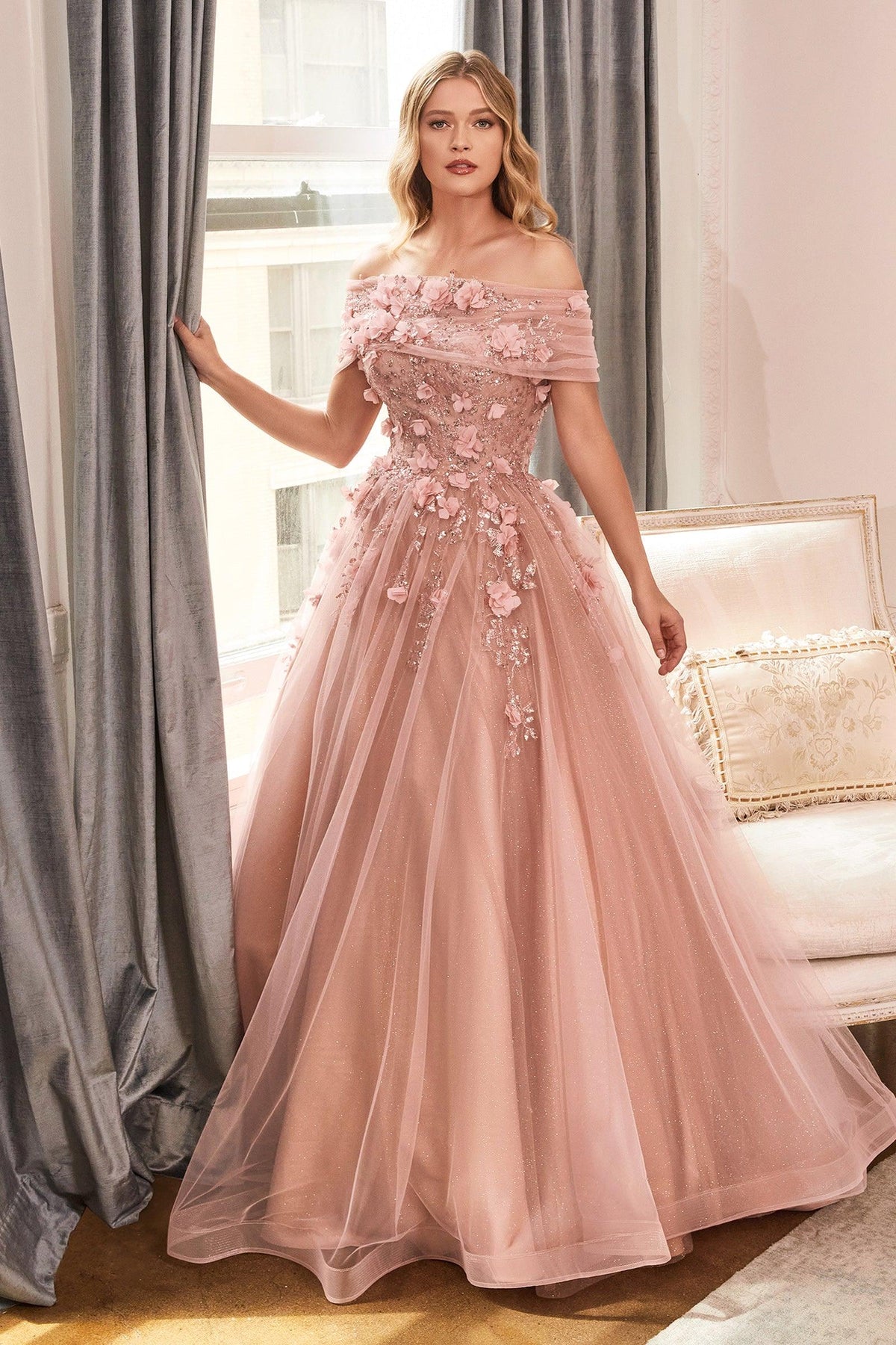 Cinderella Divine CD955 Long Off Shoulder Prom Gown