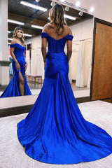 Long Off The Shoulder Mermaid Satin Lace Evening Prom Dress with Split