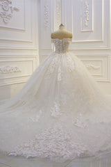Lang van de schouder Sweetheart baljurk pailletten Appliques kanten trouwjurk