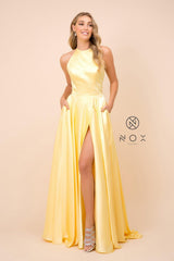 Long Open Back Formal Prom Dress Evening Gown Pockets