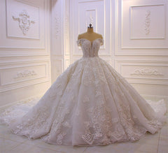 Lange prinses lieverd off-the-shoulder backless appliques kanten ruches tule trouwjurk