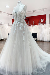 Lange prinses tulle v nek pailletten kanten appliques trouwjurk