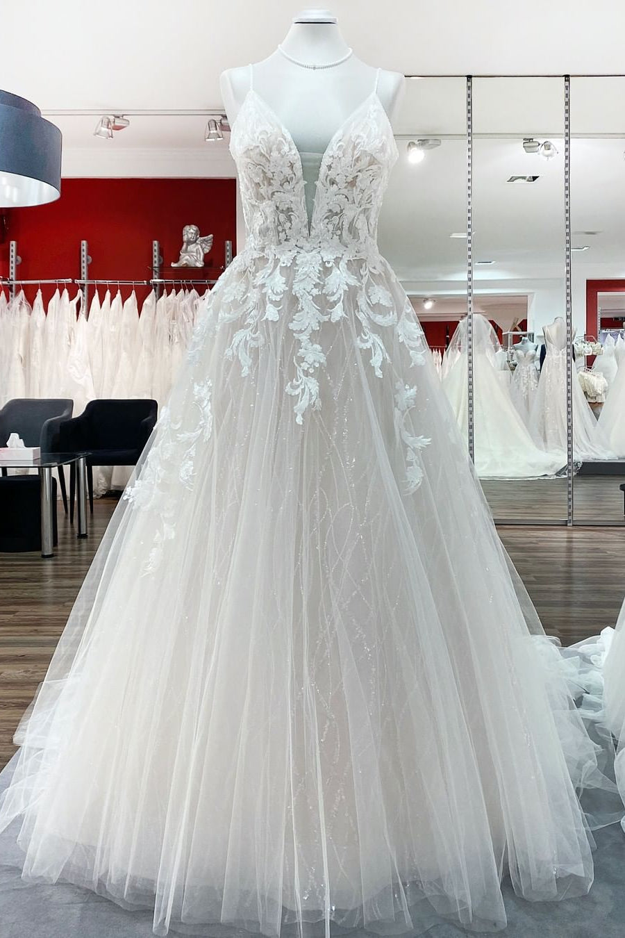 Lange prinses tulle v nek pailletten kanten appliques trouwjurk