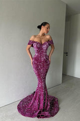 Long Purple Off-The-Shoulder Mermaid Evening Dress with Sequins